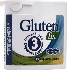 Uni-Pharma Gluten Fix, Συμπλήρωμα Διατροφής που Υποστηρίζει τη Διαδικασία της Πέψης με 3 Πεπτικά Ένζυμα, 25 κάψουλες