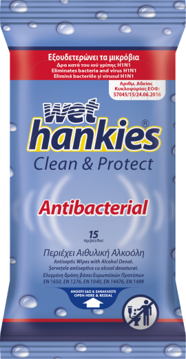 Wet Hankies Clean & Protect Antibacterial, Αντιβακτηριδιακά Μαντηλάκια με Αιθυλική Αλκοόλη, 15 τεμάχια