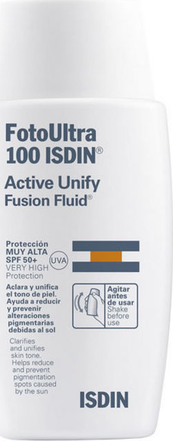 ISDIN Active Unify Fusion Fluid SPF100 - Μείωση και πρόληψη των σκούρων κηλίδων που προκαλούνται από τον ήλιο, 50ml
