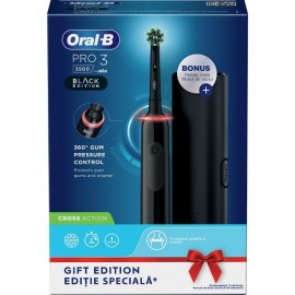 Oral-B Cross Action Pro 3 3500 Black Edition Ηλεκτρική Οδοντόβουρτσα με Αισθητήρα Πίεσης 360° & Δώρο Θήκη Ταξιδιού