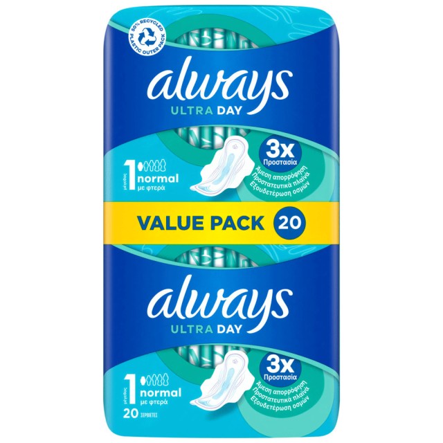 Always Value Pack Ultra Normal (Μέγεθος 1) Σερβιέτες με Φτερά, 20τεμ