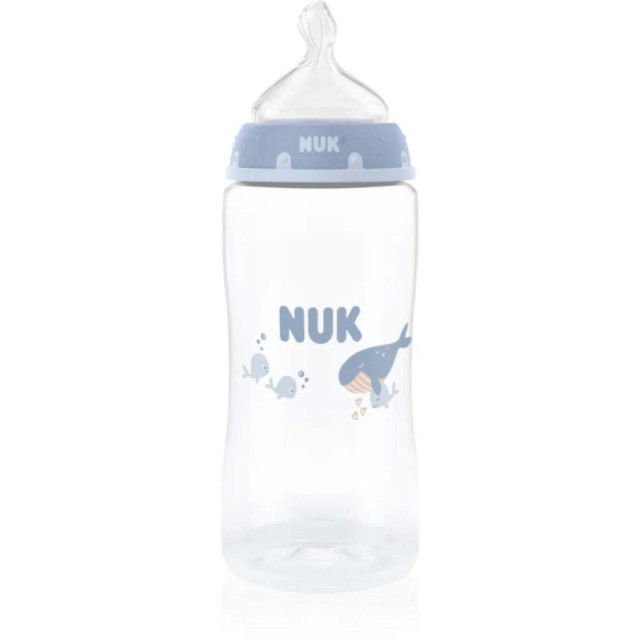 Nuk First Choice Πλαστικό Μπιμπερό με Δείκτη Ελέγχου Θερμοκρασίας 3m+ Μπλε Φάλαινα, 300ml