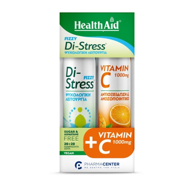 Health Aid Promo Fizzy Di-Stress Συμπλήρωμα Διατροφής Για Την Φυσιολογική Ψυχολογική Λειτουργία 20 αναβράζοντα δισκία & Vitamin C 1000mg Βιταμίνη C 20 αναβράζοντα δισκία