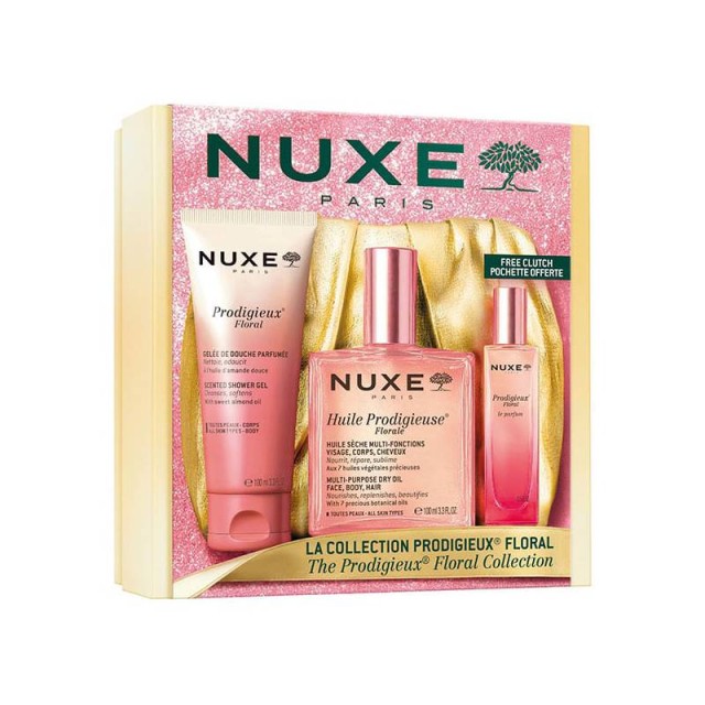 Nuxe Xmas Promo Prodigeux Floral με Huile Prodigieuse Florale Ενυδατικό Λάδι για Πρόσωπο Σώμα & Μαλλιά, 100ml, Floral Αφρόλουτρο Σώματος, 100ml & Δώρο Floral Le Parfum ,15ml, & Χρυσό Νεσεσέρ