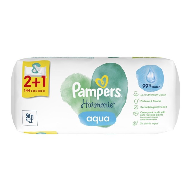 Pampers PROMO Harmonie Aqua Μωρομάντηλα με 99% Νερό χωρίς Οινόπνευμα & Άρωμα 2+1 ΔΩΡΟ [144 Τεμάχια]