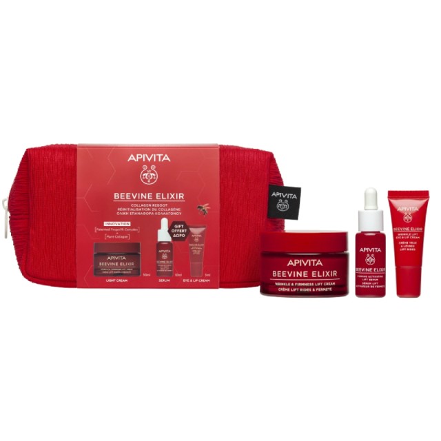 Apivita Beevine Elixir Promo Pack με Αντιρυτιδική Κρέμα για Σύσφιξη & Lifting Ελαφριάς Υφής, 50ml & Δώρο Ορός Ενεργοποίησης Σύσφιξης & Lifting, 10ml, Αντιρυτιδική Κρέμα Lifting για τα Μάτια & τα Χείλη, 5ml & Νεσεσέρ, 1σετ