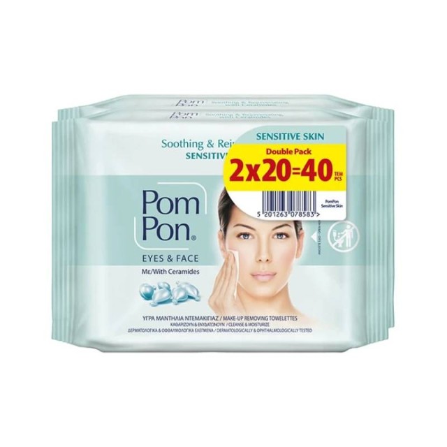 Pom Pon Sensitive Skin Eyes & Face Υγρά Μαντήλια Ντεμακιγιάζ, (2x20τεμ) 40τεμ