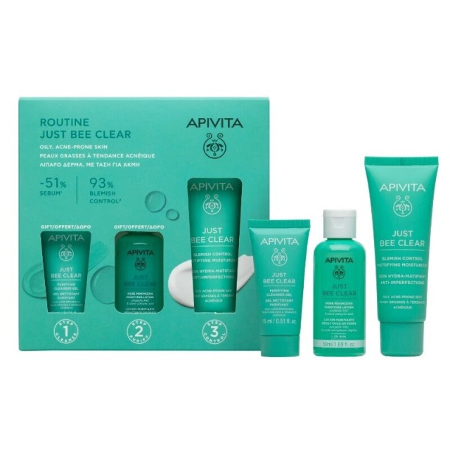 Apivita Promo Just Bee Clear Blemish Control Cream 40ml & Pore Minimizing Purifying Lotion 50ml & Cleansing Gel 15ml