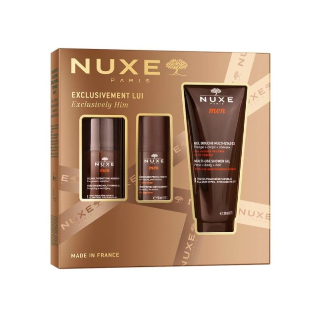 Nuxe Xmas Promo Pack Exclusively Him Multi-Use Shower Gel Ανδρικό Αφρόλουτρο 200ml, Gel Ενυδάτωσης Προσώπου 50ml, Ανδρικό Αποσμητικό 24ωρης Προστασίας 50ml