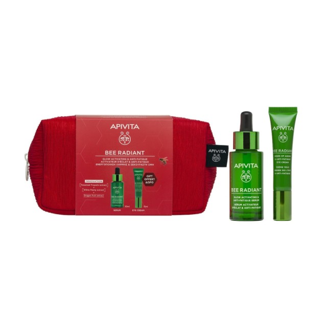 Apivita Bee Radiant Promo Pack με Ορό Ενεργοποίησης Λάμψης για Ξεκούραστη Όψη, 30ml & Δώρο Κρέμα Ματιών για Σημάδια Γήρανσης & Ξεκούραστη Όψη, 15ml & Νεσεσέρ, 1σετ