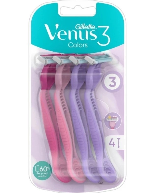 Gillette Venus 3 Color Ξυραφάκια Σώματος μιας Χρήσης με 3 Λεπίδες & Λιπαντική Ταινία 4τμχ