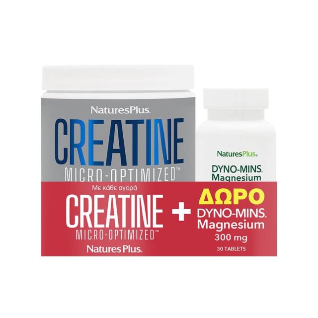 Natures Plus Promo Creatine Monohydrate Powder Μονοϋδρική Κρεατίνη Χωρίς Γεύση, 330gr & Δώρο Natures Plus Dyno Mins Magnesium 300mg, 30tabs