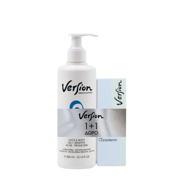 Version Azaderm Promo με Cleanser Gel Τζελ Καθαρισμού Προσώπου & Σώματος, 300ml & Cream Κρέμα Προσώπου κατά της Ακμής 30ml, 1σετ