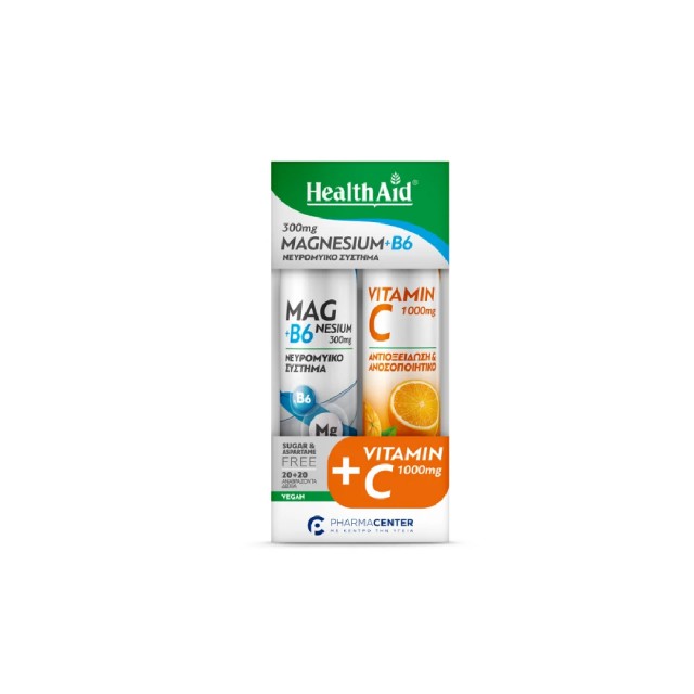 Health Aid Promo Pack Magnesium 300mg + Vit.B6 20 αναβρ. δισκία & Vitamin C 1000mg Γεύση Πορτοκάλι 20 αναβρ. δισκία