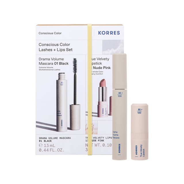 Korres Conscious Color Set Drama Volume Mascara Black 01, 13ml & True Velvety Κραγιόν 13 Nude Pink, 3g