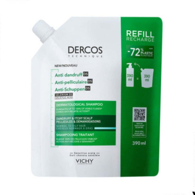 Vichy Dercos Shampoo Antidandruff DS Normal to Oily Hair (Refill) - Σαμπουάν για Κανονικά προς Λιπαρά Μαλλιά (Ανταλλακτικό), 390ml