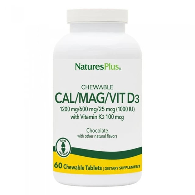 Natures Plus Cal/Mag/Vit.D3/Vit.K2 60 Μασώμενες Ταμπλέτες Με Γεύση Σοκολάτα
