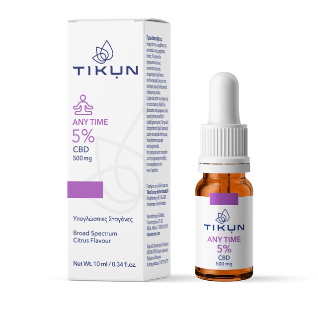 Tikun Any Time 5?d500mg Υπογλώσσιες Σταγόνες Κάνναβης Κατά του Άγχους για Ισορροπία, Ευεξία, Χαλάρωση 10ml