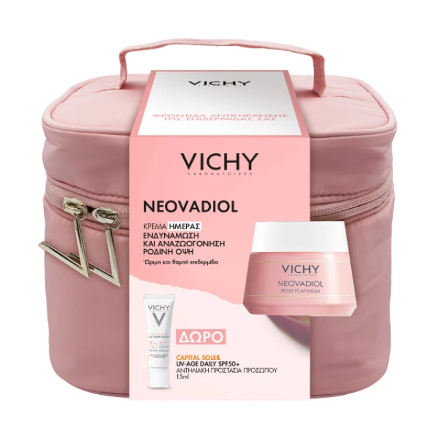 Vichy Neovadiol Rose Platinium , Κρέμα Φροντίδας της Επιδερμίδας 50ml & ΔΩΡΟ Capital Soleil, UV-AGE DAILY SPF50+ Αντηλιακή προστασία προσώπου 15ml & Μοντέρνο Ροζ Νεσεσέρ
