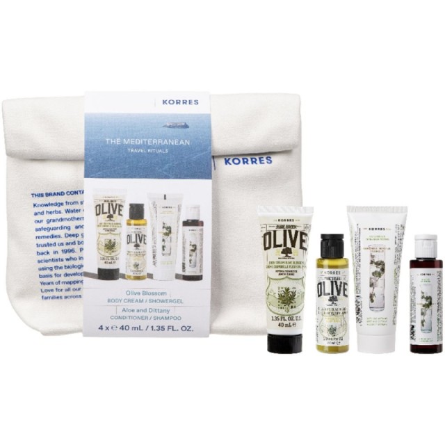 Korres Promo Travel Size Pure Greek Olive Body Milk Olive Blossom 40ml & Shower Gel 40ml & Aloe & Dittany Normal Hair Shampoo 40ml & Conditioner 40ml & Δώρο Νεσεσέρ 1 Τεμάχιο