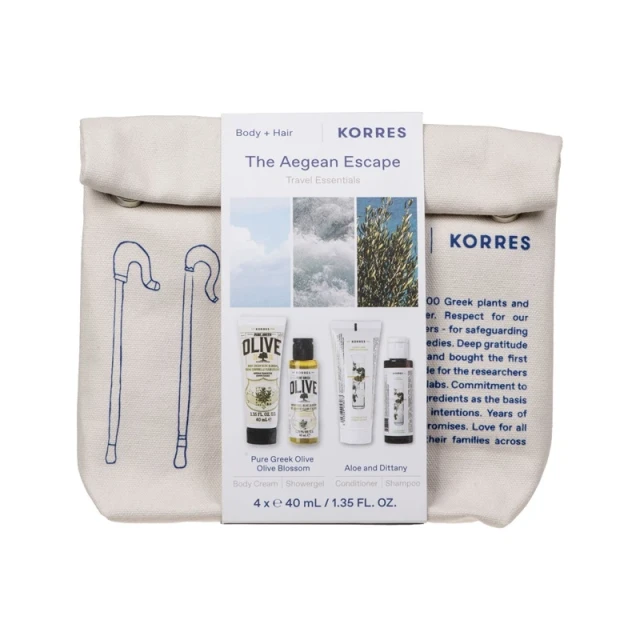 Korres The Agean Escape Travel Essentials, Kρέμα Σώματος Άνθη Eλιάς - 40ml, Αφρόλουτρο Άνθη Eλιάς - 40ml, Αλόη & Δίκταμο Σαμπουάν - 40ml & Αλόη & Δίκταμο Mαλακτική Kρέμα Μαλλιών- 40ml