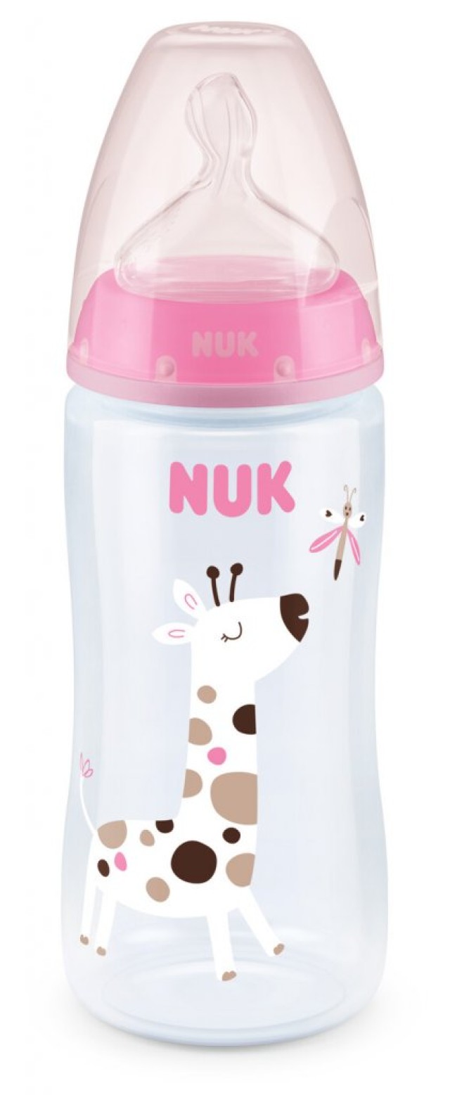 Nuk First Choice + Μπιμπερό Πολυπροπυλενίου (PP) Θηλή Σιλικόνης Μεσαίας Ροής 6-18m Ροζ Καμηλοπάρδαλη (10.741.940) 300ml
