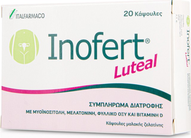 Italfarmaco Inofert Luteal 20 Κάψουλες - Συμπλήρωμα Διατροφής Με Μυοϊνοσιτόλη, Μελατονίνη, Φυλλικό Οξύ & Βιταμίνη D.