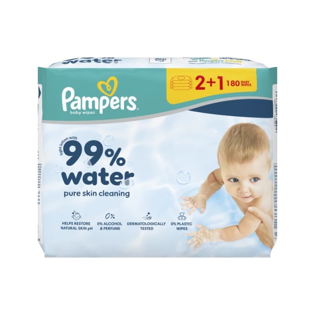 Pampers 99% Water Μωρομάντηλα - 3 Συσκευασίες x 60 Μωρομάντηλα (180 τεμάχια)