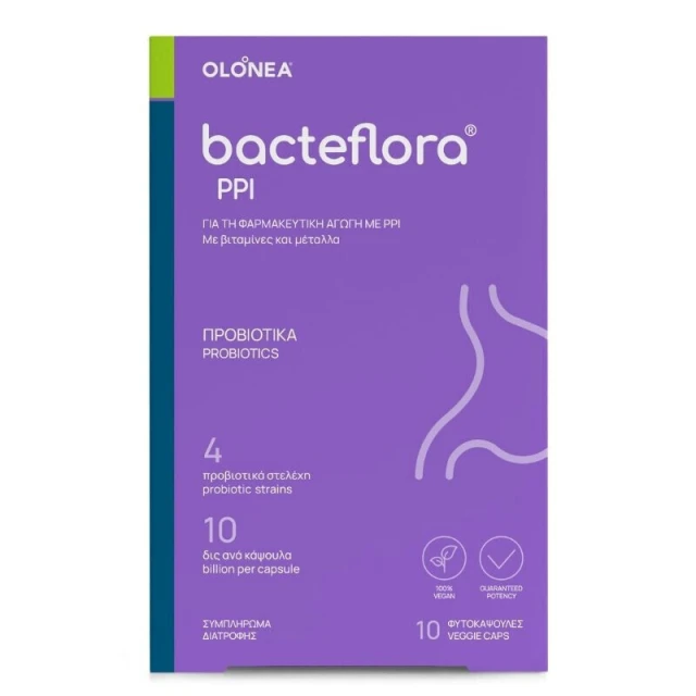 Olonea Bacteflora PPI, Συνδυασμός Προβιοτικών, Πρεβιοτικού, Βιταμινών, Μετάλλων,Ιχνοστοιχείων 10 Κάψουλες