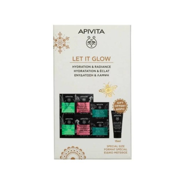 Apivita Promo Let It Glow Hydration & Radiance Promo Set, 3 Διπλές Μάσκες 2x8ml & ΔΩΡΟ Τζελ Καθαρισμού για Πρόσωπο & Μάτια 15ml