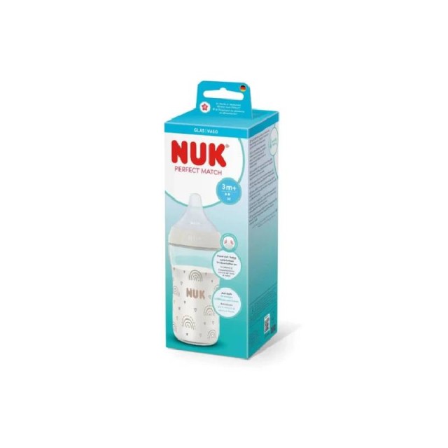Nuk Perfect Match Γυάλινο Μπιμπερό με Θηλή Σιλικόνης και Δείκτη Ελέγχου Θερμοκρασίας Ουράνιο Τόξο 3m+ 230ml