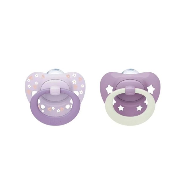 Nuk First Choice Classic Day & Night Πιπίλα Σιλικόνης Μωβ με Καρδιές 6-18m , 2 τεμάχια