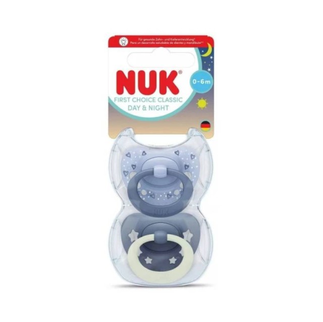 Nuk First Choice Classic Day & Night Πιπίλα Σιλικόνης Μπλέ με Αστέρια 0-6m , 2 τεμάχια