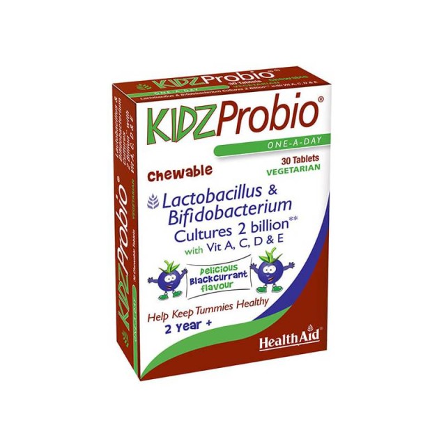 Health Aid Kidz Probio Συμπλήρωμα Διατροφής Με Προβιοτικά 2 Δις Με Βιταμίνες Α,C,D & E Για Υγιή Παιδικά Στομάχια 30 μασώμενες ταμπλέτες