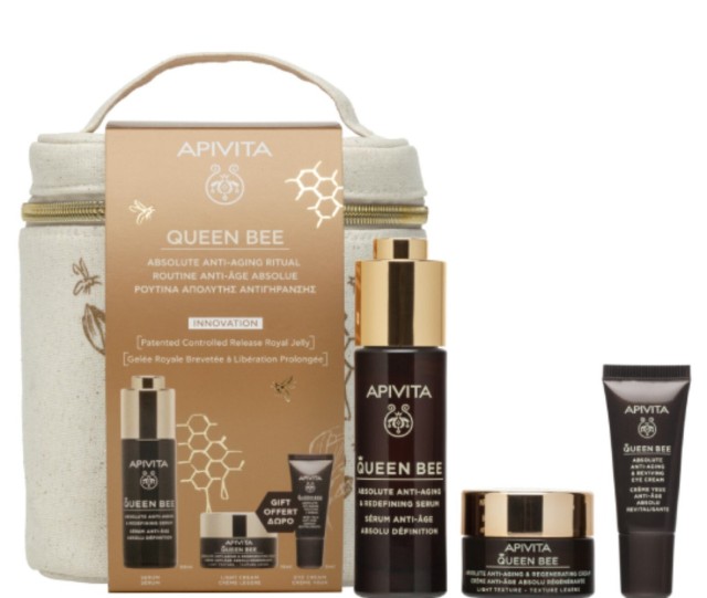 Apivita Set Queen Bee με Queen Bee Serum Αντιγηραντικός Ορός Προσώπου 30ml + Δώρο Queen Bee Αντιγηραντική Κρέμα Ελαφριάς Υφής 15ml + Κρέμα Ματιών 5ml + Nεσεσέρ 1τμχ