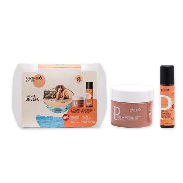Panthenol Extra Promo Sun Care Tanning Oil SPF 10 Αντηλιακό Λάδι Μαυρίσματος Προσώπου & Σώματος, 150ml, Bare Skin Superfood Ενυδατική Μους Σώματος, 230ml & Δώρο Νεσεσέρ, 1σετ
