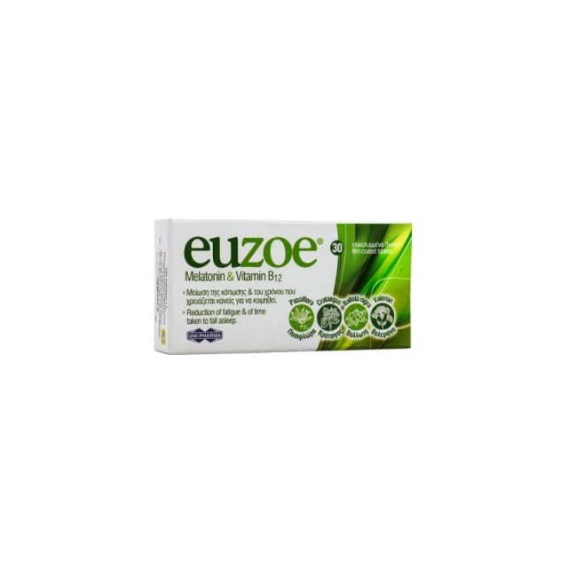 Uni-pharma Euzoe Melatonin & Vitamin B12 Συμπλήρωμα Με Μελατονίνη Για Τη Μείωση Της Κόπωσης & Τη Βελτίωση Του Ύπνου 30tabs