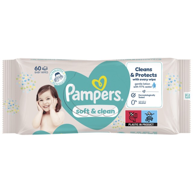 Pampers Soft & Clean Μωρομάντηλα χωρίς Οινόπνευμα & Parabens 60τμχ