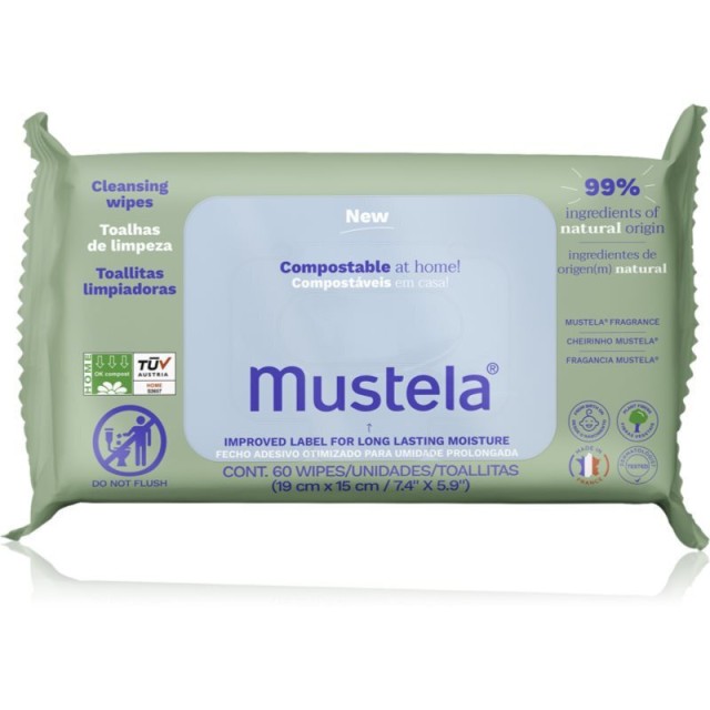 Mustela Cleansing Wipes Compost, Μαντηλάκια Καθαρισμού 60 Τεμάχια