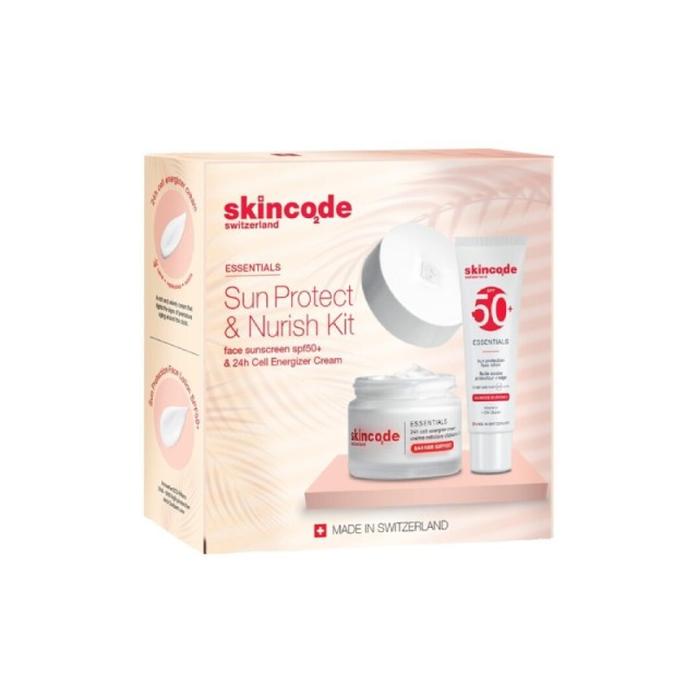 Skincode Promo Sun Kit & Nurish Kit Essentials Sun Protection Λεπτόρρευστη Κρέμα Προσώπου με Υψηλή Αντηλιακή Προστασία SPF50+ , 50ml & 24h Cell Energizer Cream Ενυδατική & Αντιγηραντική Κρέμα Προσώπου, 50ml, 1σετ