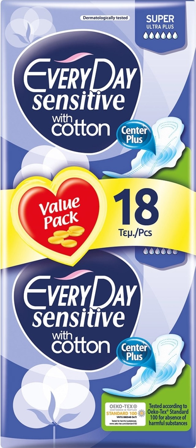 Every Day Sensitive with Cotton Super Ultra Plus Σερβιέτες με Φτερά 18τμχ