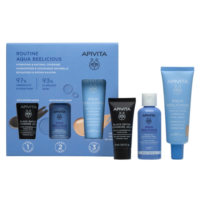 Apivita Routine Aqua Beelicious Hydrating Fluid Cream SPF30, 40ml & Black Detox, 15ml & Hydrating Toner, 50ml