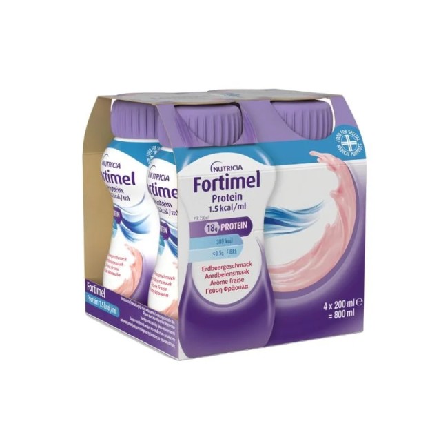 Nutricia Fortimel Protein 1.5 kcal Φράουλα Θρεπτικό Συμπλήρωμα Διατροφής σε Υγρή Μορφή Υψηλής Περιεκτικότητας σε Πρωτεΐνη σε Ειδική Τιμή 4 x 200ml