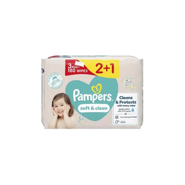 Pampers Promo Soft & Clean Wipes 3x60τμχ, Απαλά Μωρομάντηλα για Πρόσωπο και Σώμα με 97% Νερό