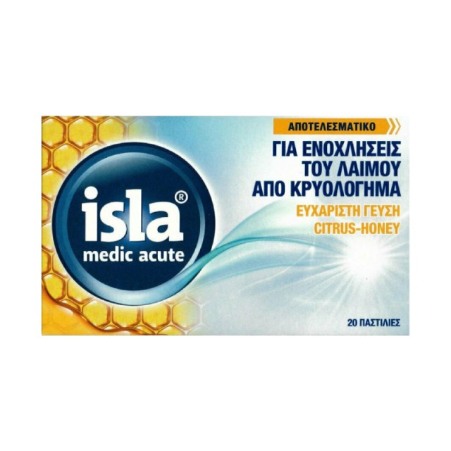 Isla Medic Acute Καταπραϋντικές Παστίλιες για τις Ενοχλήσεις του Λαιμού από Κρυολόγημα με Γεύση Κίτρο & Μέλι, 20τμχ