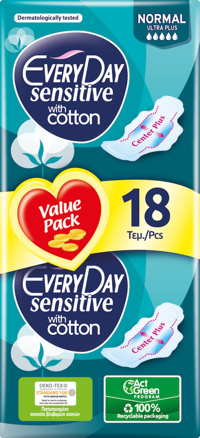 Every Day Sensitive Normal Ultra Plus Σερβιέτες με Φτερά σε Διπλή Συσκευασία 18τμχ
