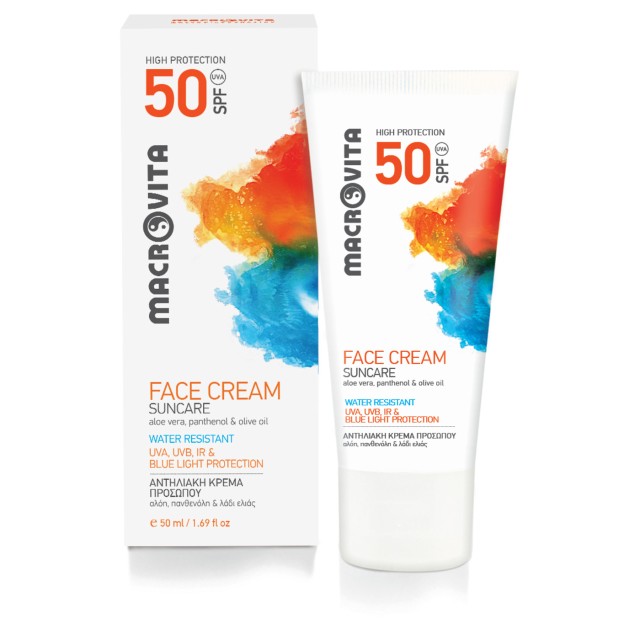 Macrovita Αντηλιακή Κρέμα Προσώπου με Αλόη, Πανθενόλη και Λάδι Ελιάς SPF50 50ml