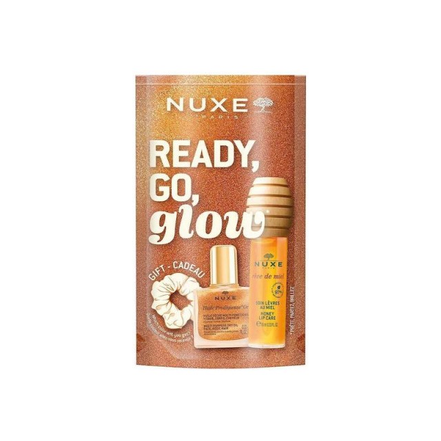 Nuxe Xmas Promo Pack Ready, Go, Glow Reve de Miel Lip Oil 10ml & Huile Prodigieuse Or 10ml & Scrunchie 1 τεμάχιο