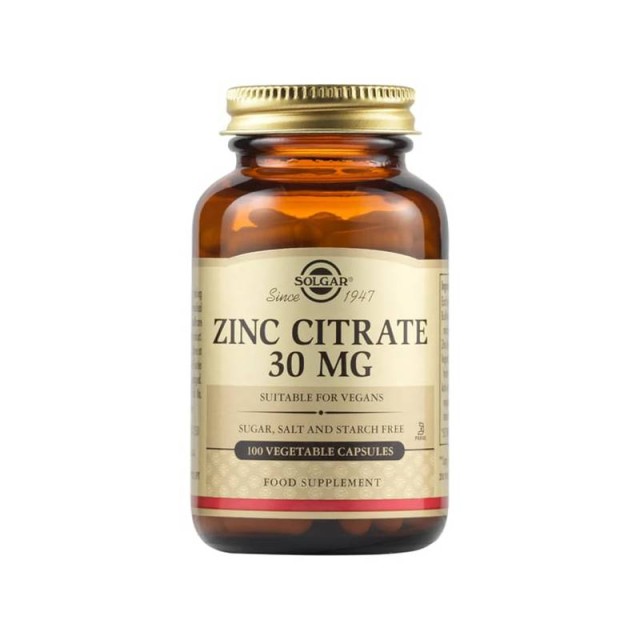Solgar Zinc Citrate 30mg Συμπλήρωμα Κιτρικού Ψευδάργυρου, 100veg.caps
