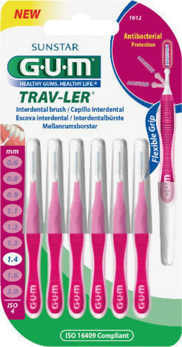 Gum Trav-ler Interdental Brush Μεσοδόντιο Βουρτσάκι 1,4mm Φούξια 6 τεμάχια (1612)